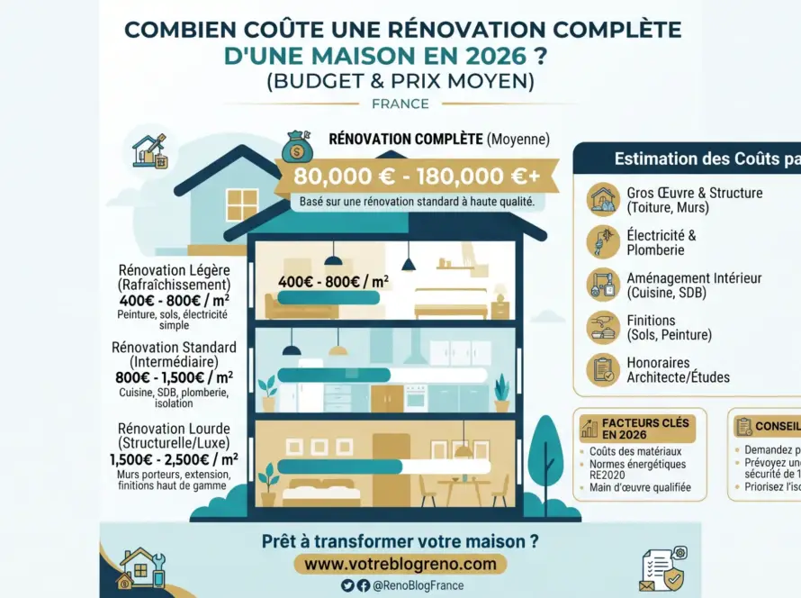 Infographie sur le coût d'une rénovation complète d'une maison en 2026, avec une maison illustrée et des chiffres par poste (électricité, plomberie, finitions) et fourchettes de prix.